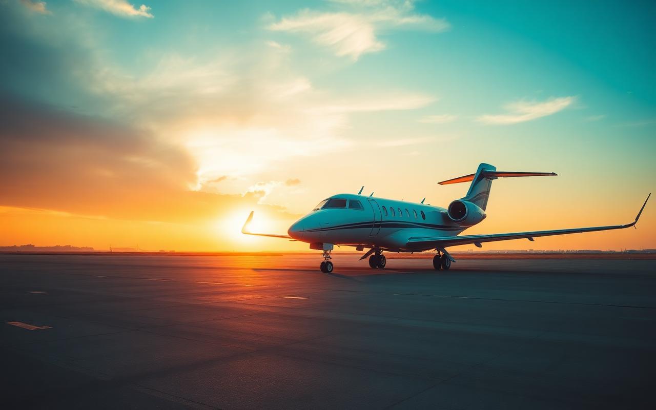 Private jet on an empty runway at sunrise