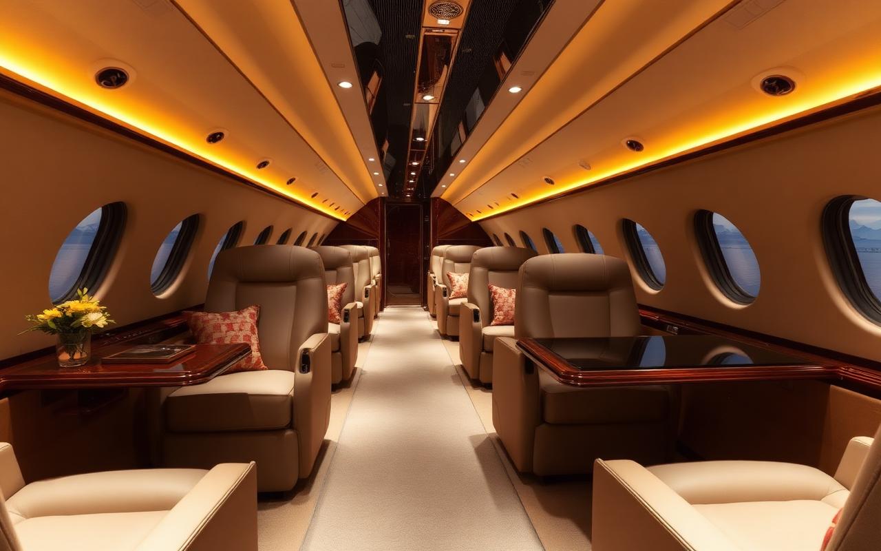 Spacious luxury private jet cabin configured for group travel